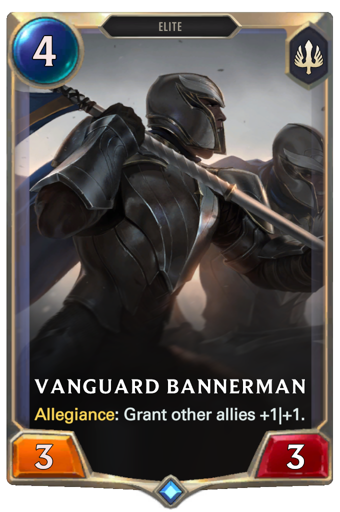 Vanguard Bannerman. Allegiance: Grant other allies +1|+1.