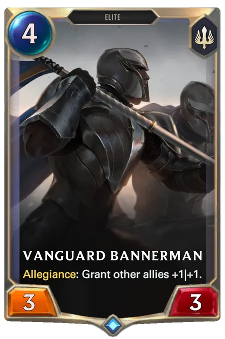 Vanguard Bannerman. Allegiance: Grant other allies +1|+1.