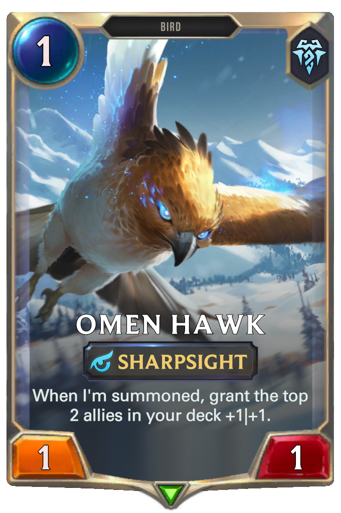 Omen Hawk. When I'm summoned, grant the top 2 allies in your deck +1|+1.