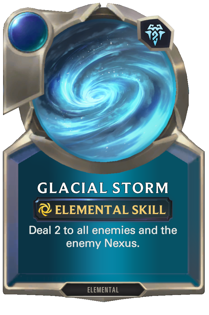 Glacial Storm. Deal 2 to all enemies and the enemy Nexus.