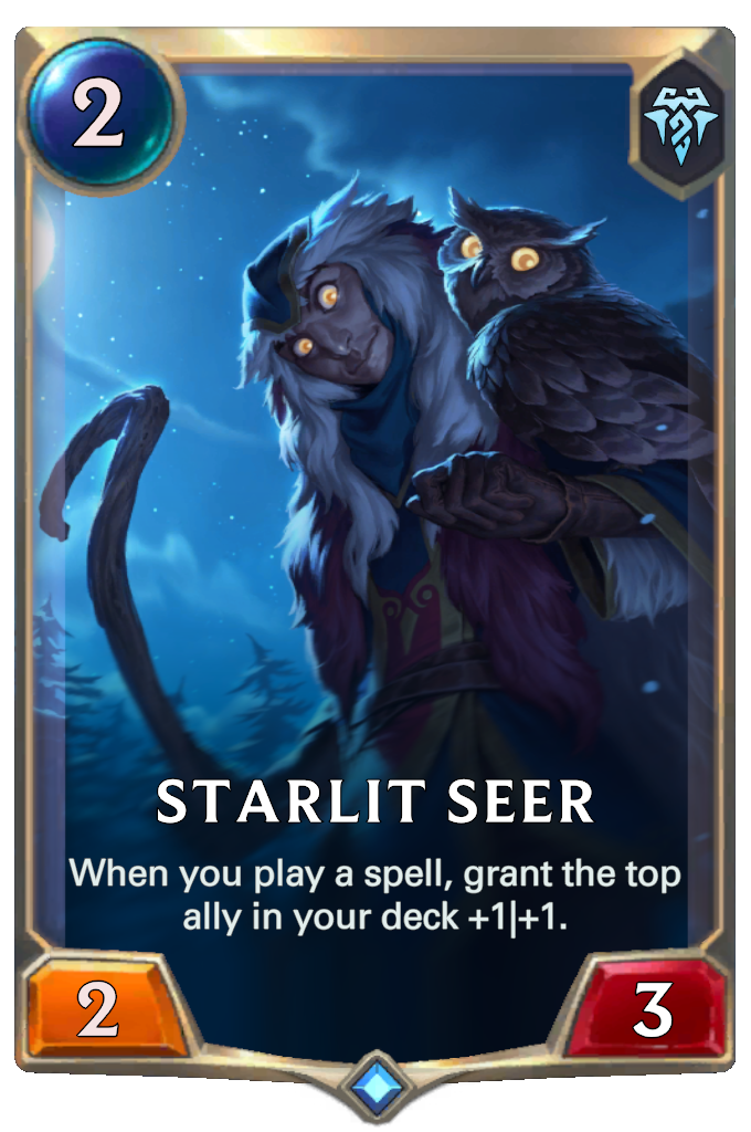 Starlit Seer. When you play a spell, grant the top ally in your deck +1|+1.