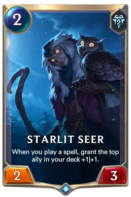 Starlit Seer. When you play a spell, grant the top ally in your deck +1|+1.