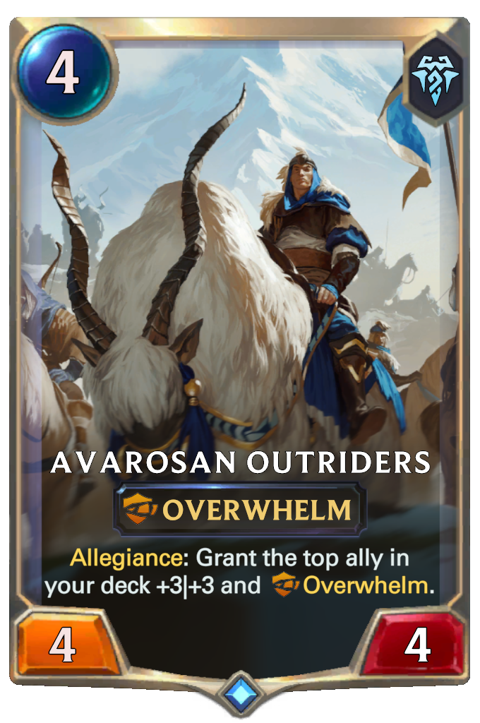 Avarosan Outriders. Allegiance: Grant the top ally in your deck +3|+3 and Overwhelm.