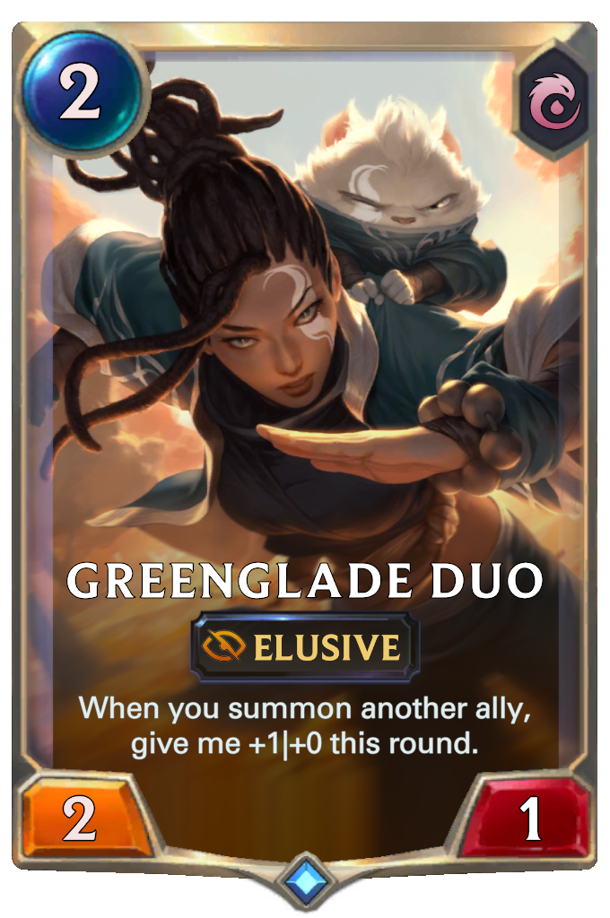 Greenglade Duo. When you summon another ally, give me +1|+0 this round.