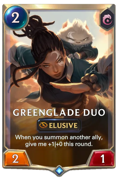 Greenglade Duo. When you summon another ally, give me +1|+0 this round.