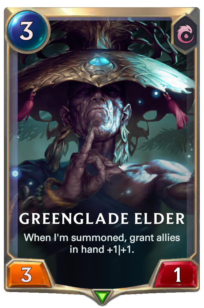 Greenglade Elder. When I'm summoned, grant allies in hand +1|+1.