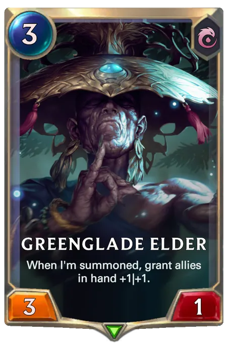 Greenglade Elder. When I'm summoned, grant allies in hand +1|+1.