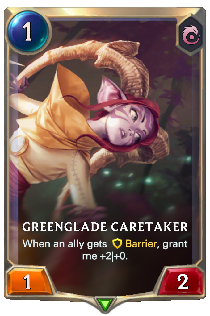 Greenglade Caretaker. When an ally gets Barrier, grant me +2|+0.