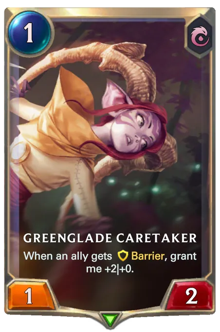 Greenglade Caretaker. When an ally gets Barrier, grant me +2|+0.