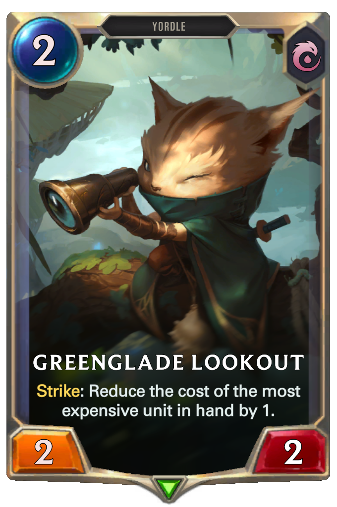 Greenglade Lookout. Strike: Reduce the cost of the most expensive unit in hand by 1.