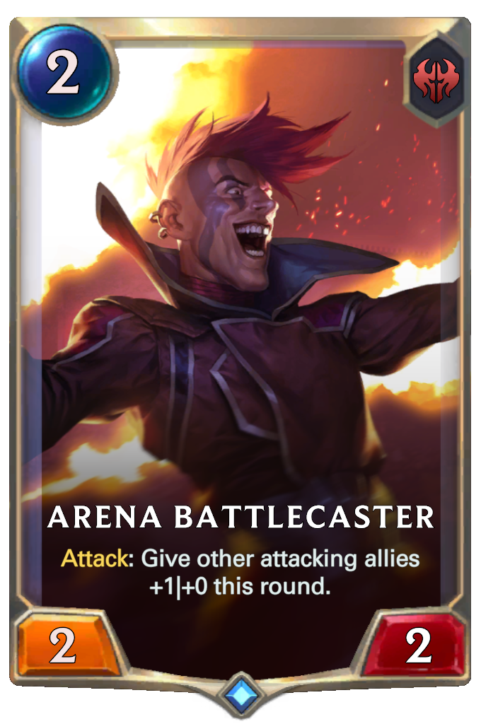 Arena Battlecaster. Attack: Give other attacking allies +1|+0 this round.