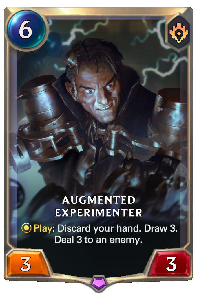 Augmented Experimenter. Play: Discard your hand. Draw 3. Deal 3 to an enemy.