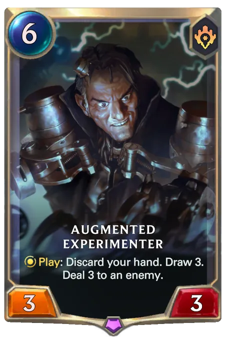 Augmented Experimenter. Play: Discard your hand. Draw 3. Deal 3 to an enemy.