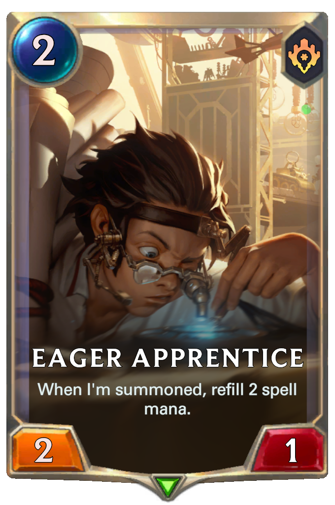 Eager Apprentice. When I'm summoned, refill 2 spell mana.