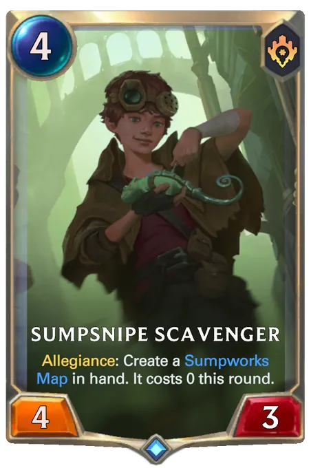 Sumpsnipe Scavenger. Allegiance: Create a Sumpworks Map in hand. It costs 0 this round.