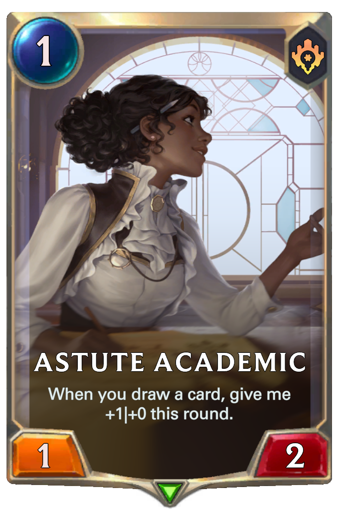 Astute Academic. When you draw a card, give me +1|+0 this round.