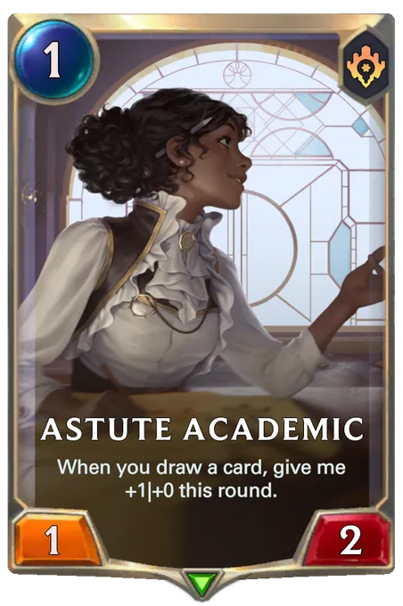Astute Academic. When you draw a card, give me +1|+0 this round.