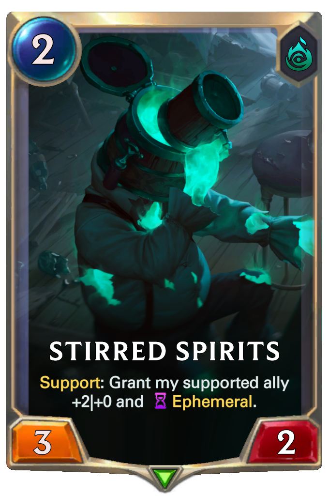 Stirred Spirits. Support: Grant my supported ally +2|+0 and Ephemeral.