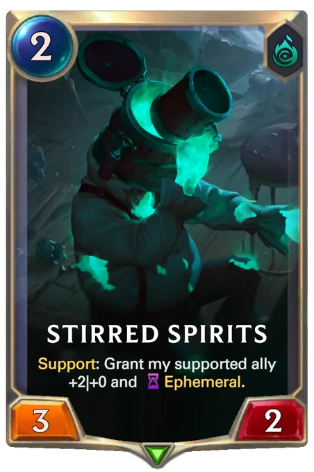 Stirred Spirits. Support: Grant my supported ally +2|+0 and Ephemeral.