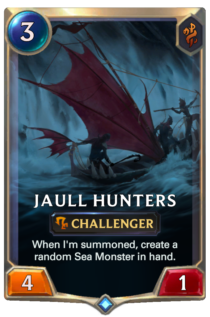 Jaull Hunters. When I'm summoned, create a random Sea Monster in hand.