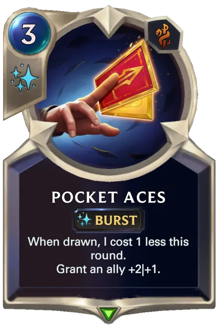 Pocket Aces. When drawn, I cost 1 less this round. Grant an ally +2|+1.