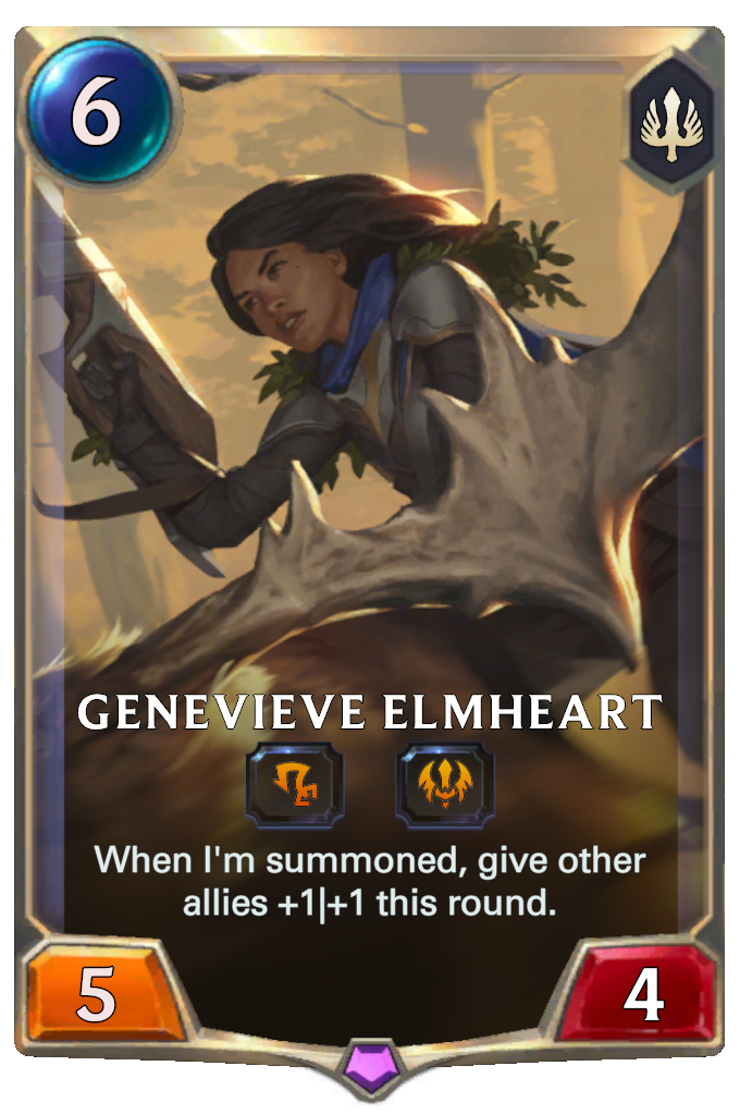 Genevieve Elmheart. When I'm summoned, give other allies +1|+1 this round.