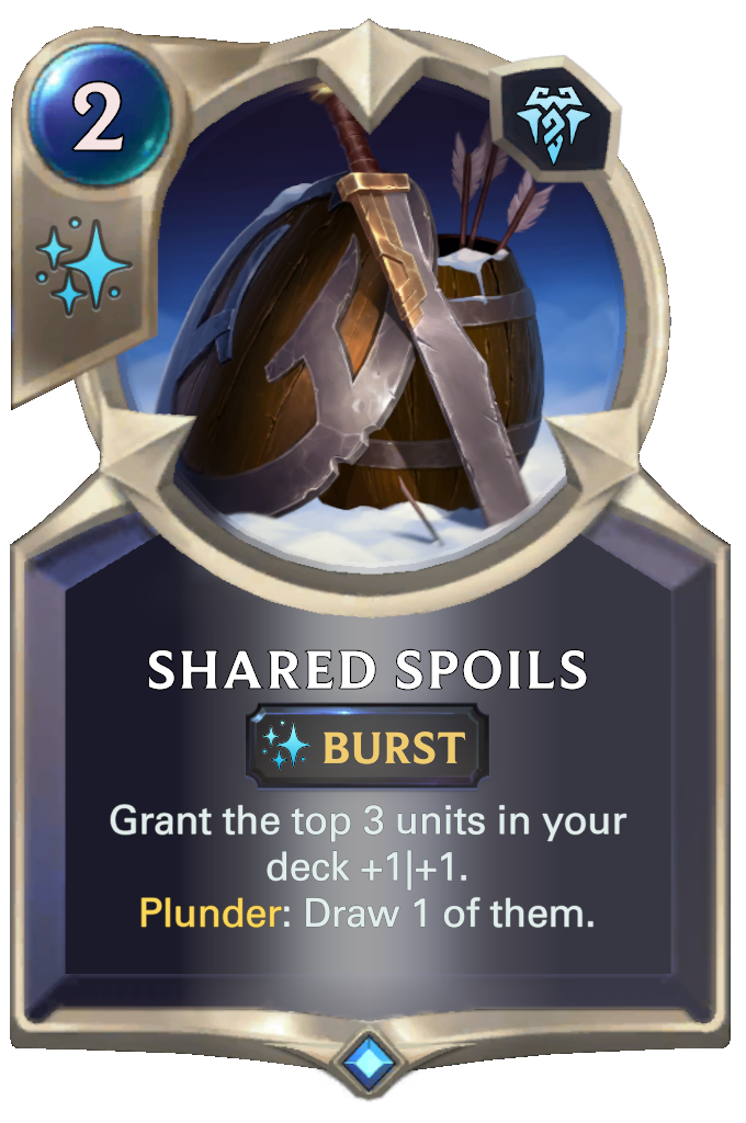 Shared Spoils. Grant the top 3 units in your deck +1|+1. Plunder: Draw 1 of them.