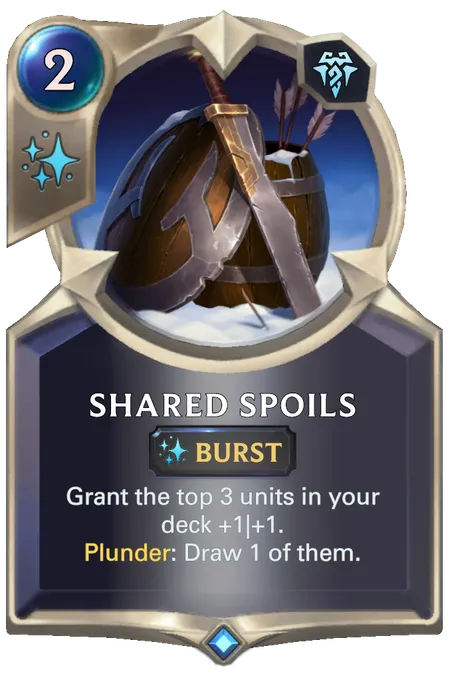 Shared Spoils. Grant the top 3 units in your deck +1|+1. Plunder: Draw 1 of them.