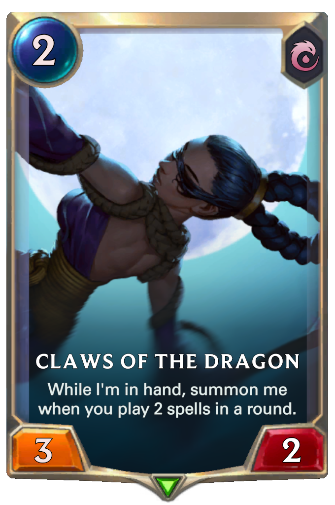 Claws of the Dragon. While I'm in hand, summon me when you play 2 spells in a round.