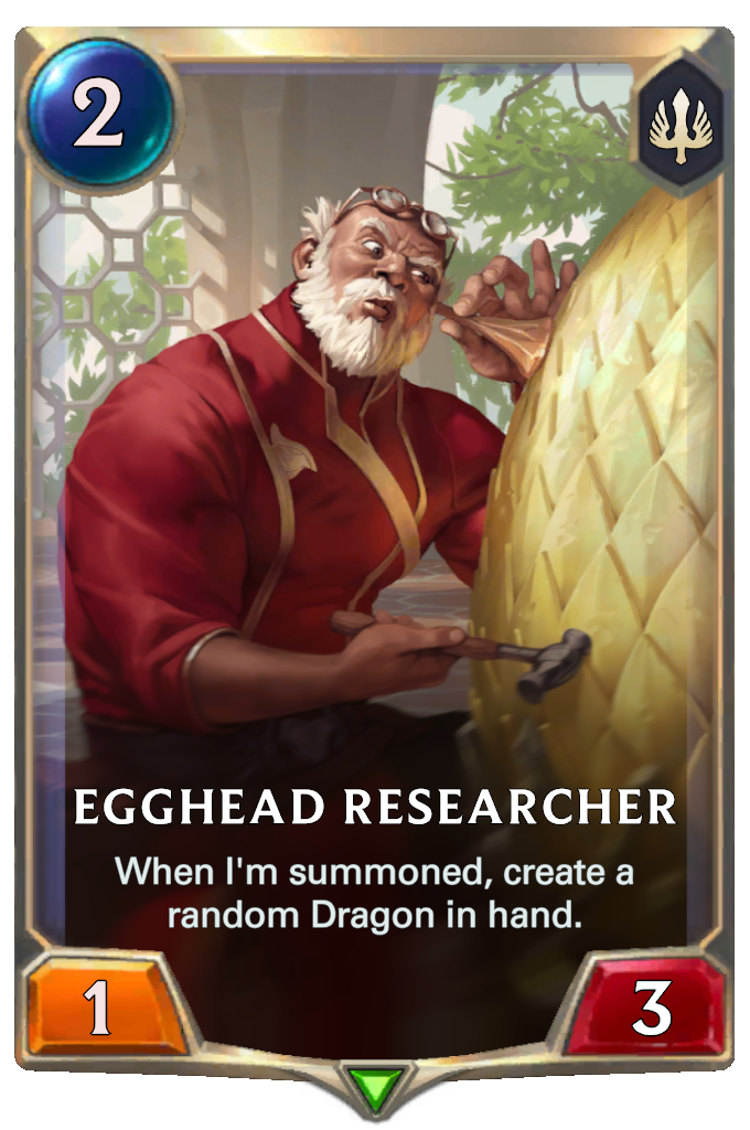 Egghead Researcher. When I'm summoned, create a random Dragon in hand.