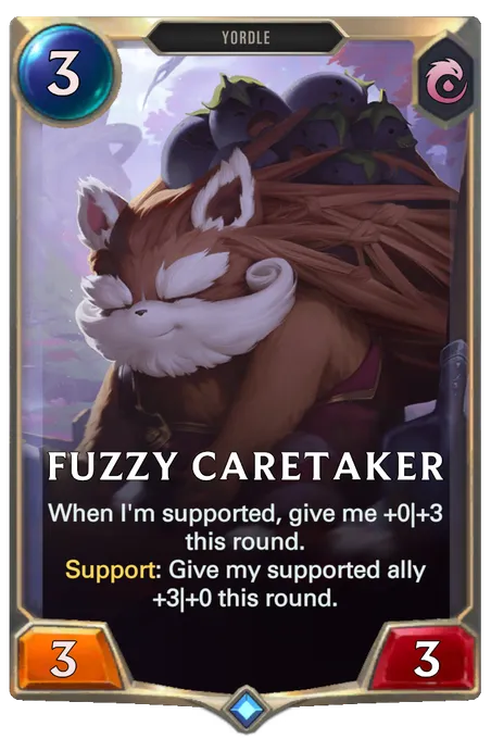Fuzzy Caretaker. When I'm supported, give me +0|+3 this round. Support: Give my supported ally +3|+0 this round.