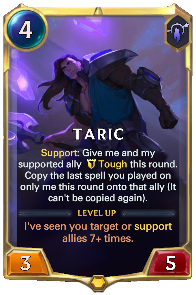 Taric. Support: Give me and my supported ally Tough this round. Copy the last spell you played on only me this round onto that ally (It can't be copied again). Level up: I've seen you target or support allies 7+ times.