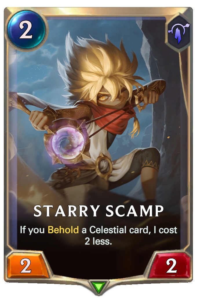Starry Scamp. If you Behold a Celestial card, I cost 2 less.