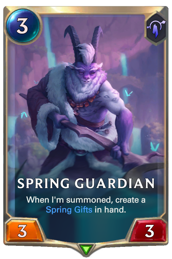 Spring Guardian. When I'm summoned, create a Spring Gifts in hand.