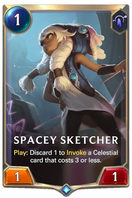 Spacey Sketcher. Play: Discard 1 to Invoke a Celestial card that costs 3 or less.