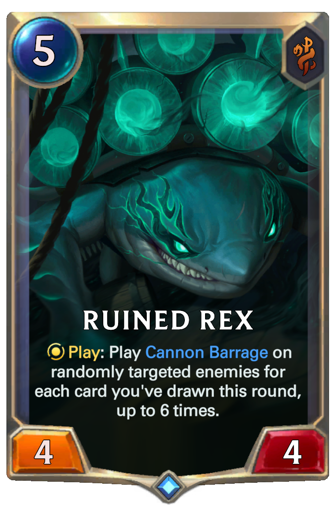 Ruined Rex. Play: Play Cannon Barrage on randomly targeted enemies for each card you've drawn this round, up to 6 times.