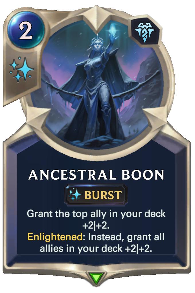 Ancestral Boon. Grant the top ally in your deck +2|+2. Enlightened: Instead, grant all allies in your deck +2|+2.