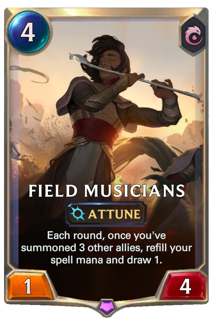 Field Musicians. Each round, once you've summoned 3 other allies, refill your spell mana and draw 1.