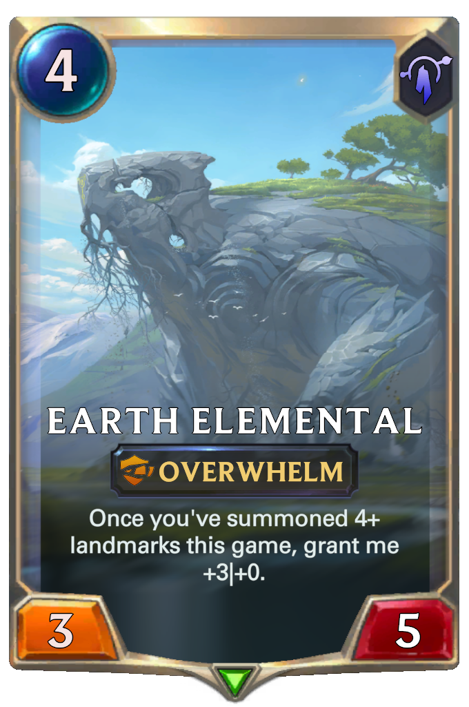 Earth Elemental. Once you've summoned 4+ landmarks this game, grant me +3|+0.