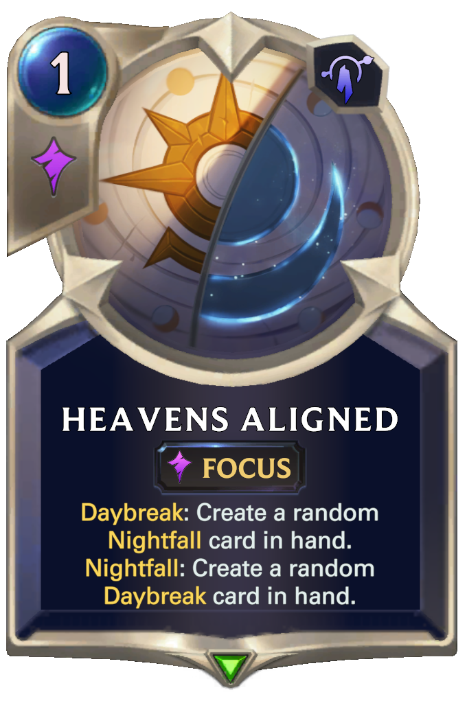 Heavens Aligned. Daybreak: Create a random Nightfall card in hand. Nightfall: Create a random Daybreak card in hand.