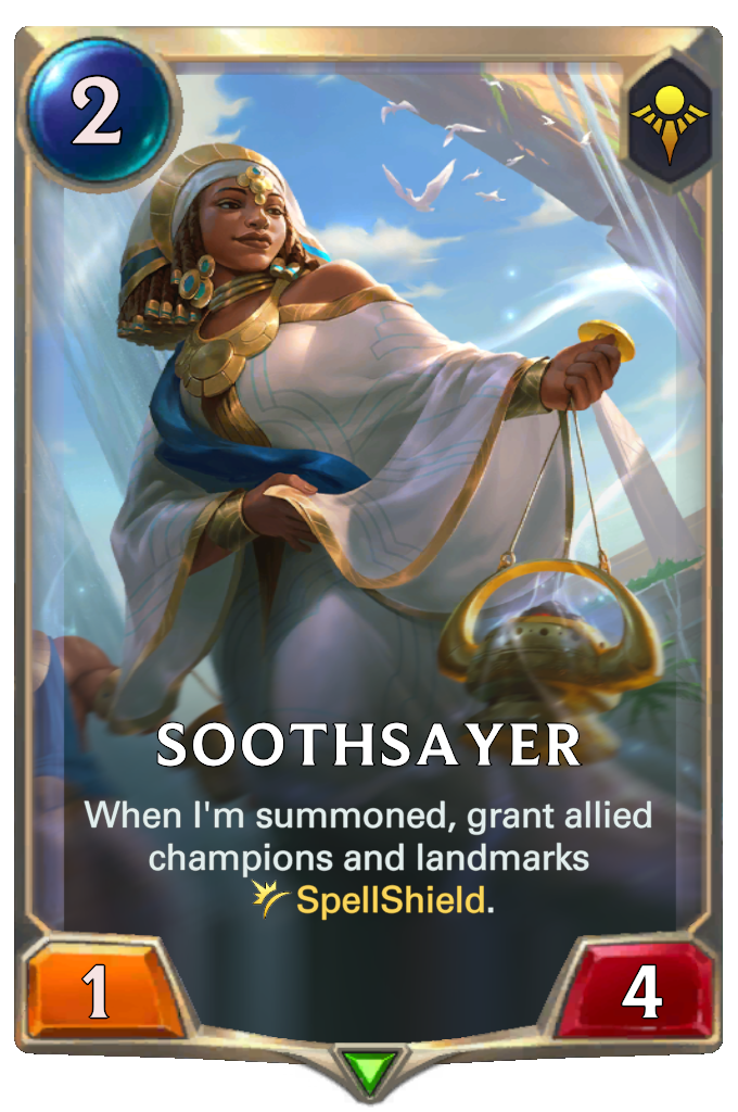 Soothsayer. When I'm summoned, grant allied champions and landmarks SpellShield.