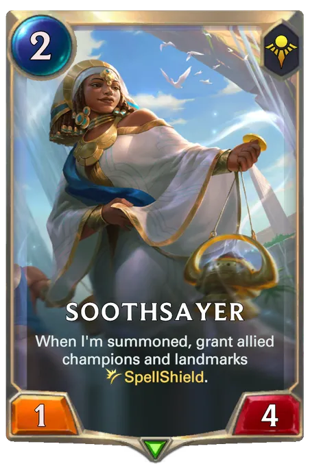 Soothsayer. When I'm summoned, grant allied champions and landmarks SpellShield.