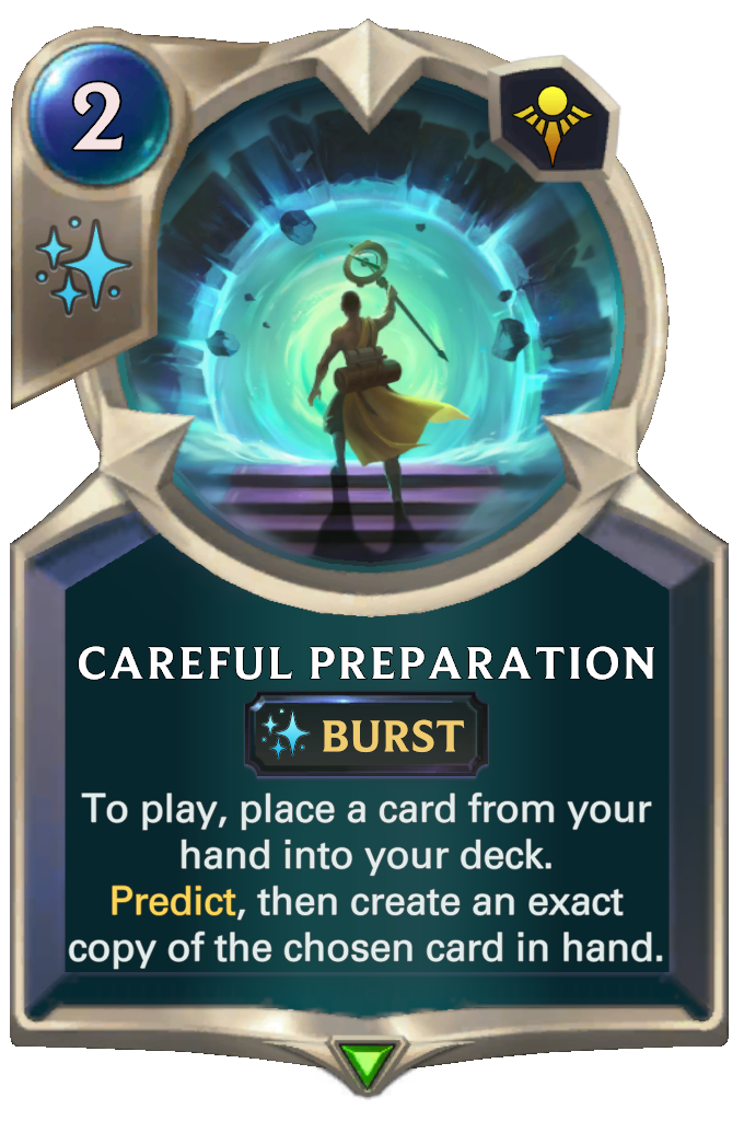Careful Preparation. To play, place a card from your hand into your deck. Predict, then create an exact copy of the chosen card in hand.
