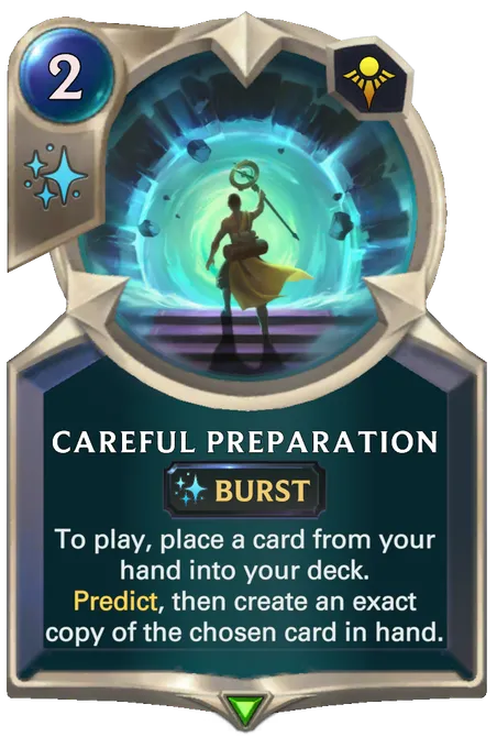 Careful Preparation. To play, place a card from your hand into your deck. Predict, then create an exact copy of the chosen card in hand.