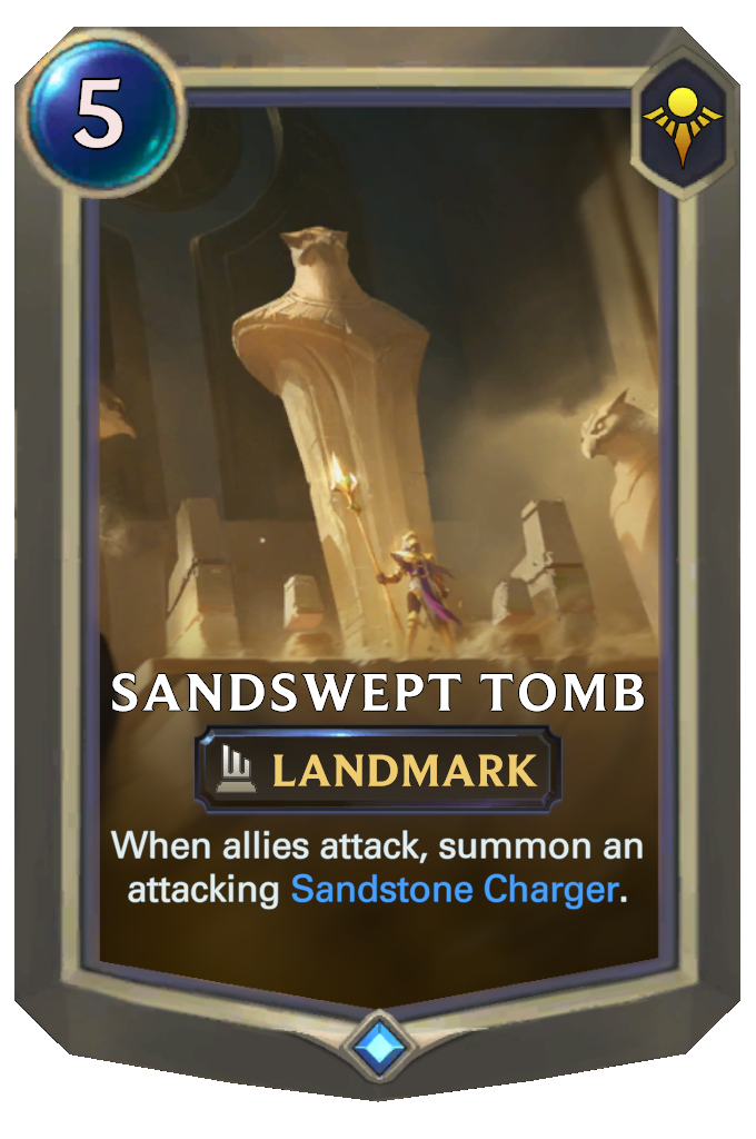 Sandswept Tomb. When allies attack, summon an attacking Sandstone Charger.