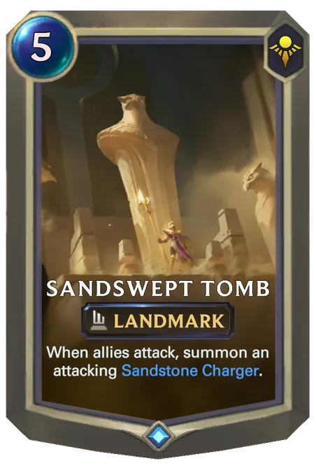 Sandswept Tomb. When allies attack, summon an attacking Sandstone Charger.