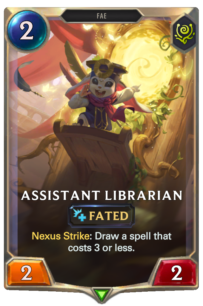 Assistant Librarian. Nexus Strike: Draw a spell that costs 3 or less.