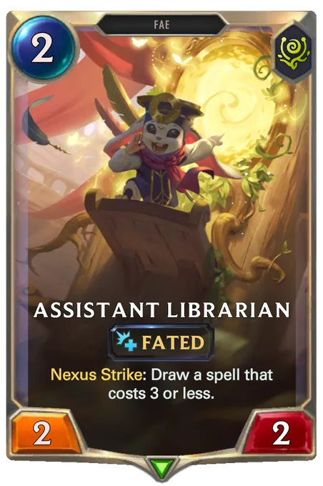 Assistant Librarian. Nexus Strike: Draw a spell that costs 3 or less.