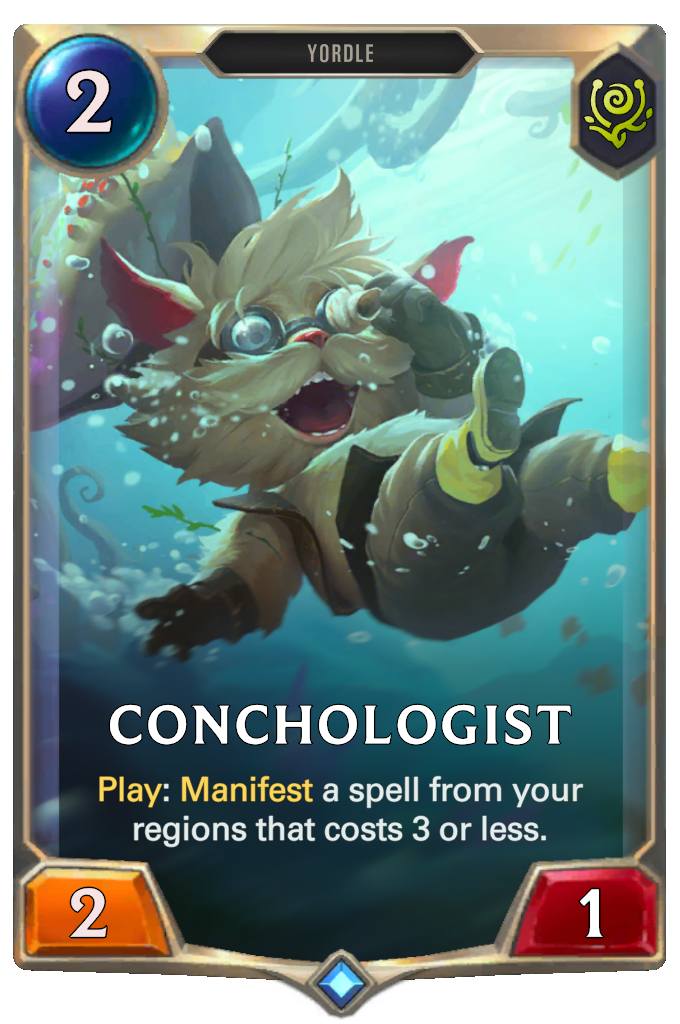 Conchologist. Play: Manifest a spell from your regions that costs 3 or less.