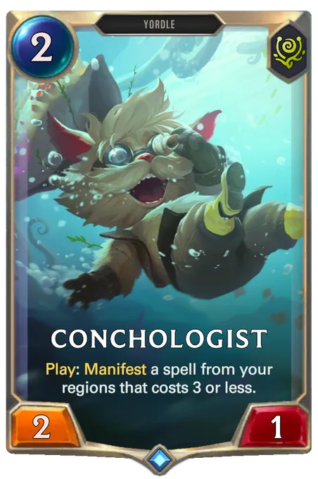 Conchologist. Play: Manifest a spell from your regions that costs 3 or less.